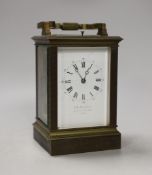 A French repeating brass carriage clock, 16cm, retailed by Hanhart Calcutta