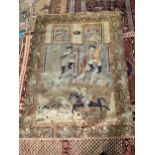 A Persian pictorial rug, depicting dancing musicians and warriors, with women looking on from above,