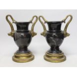 A pair of late 19th century ormolu and marble vases, 28cm