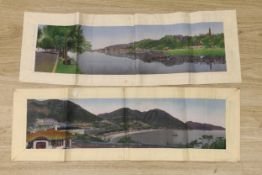 Two Chinese 1920’s machine silk panels, one depicting a contemporary Chinese coastline, the other