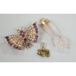 A modern 9ct gold, amethyst and seed pearl cluster set butterfly brooch, width 32mm, together with