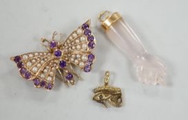 A modern 9ct gold, amethyst and seed pearl cluster set butterfly brooch, width 32mm, together with