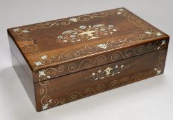 A 19th century brass and mother of pearl inlaid rosewood writing slope, 40cm wide