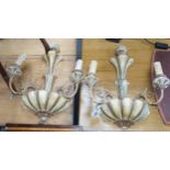 A pair of French painted and wrought iron two branch wall lights, 39cm high