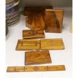 A collection of Jerusalem ware olive wood boxes, two albums, two books, etc.