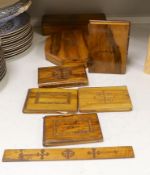 A collection of Jerusalem ware olive wood boxes, two albums, two books, etc.
