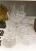 A pair of JG Durand vases, eight sundae glasses and plates, a pedestal bowl and two rinsers