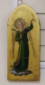 Manner of Fra Angelico, oil and gold leaf on wooden panel, Angel trumpeter, 47 x 20cm,