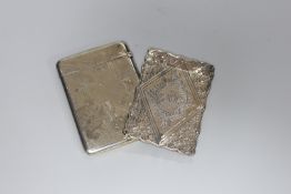 Two Victorian silver card cases, one engraved with farrier in a barn, B.H. Joseph & Co, Chester,