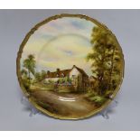 A Royal Worcester plate painted with Mary Arden's House by E. Barker, signed, date mark for 1929