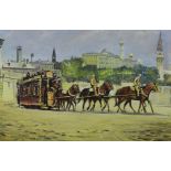 Vorokov, oil on canvas, Horse drawn tram in a Russian city, inscribed verso, 46 x 71cm