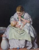 Charles Rossiter (1827-1890), oil on canvas, 'Washing Baby', signed, Fine Art Society label verso,