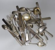 A part canteen of late 19th/early 20th century Russian 84 zolotnik fiddle pattern cutlery by T.