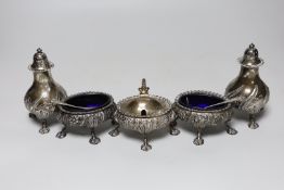 A George V five piece silver condiment set, William Hutton & Sons, Sheffield, 1928, with two