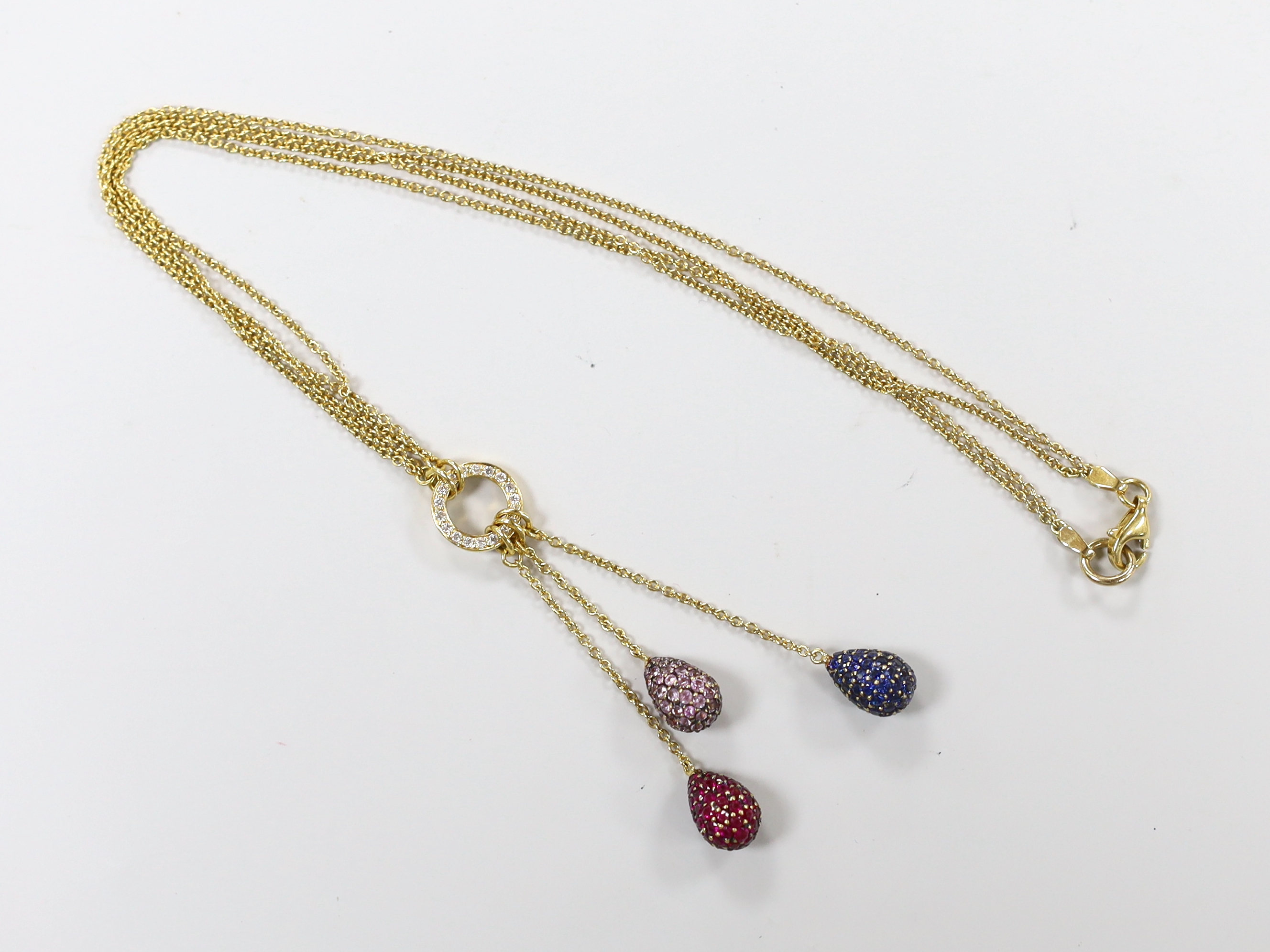A modern 750 yellow metal, diamond chip and three colour gem pave set triple pear shaped drop - Image 2 of 2