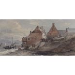 19th century English School, watercolour, Fisherfolk along the shore, 12.5 x 24.5cm, unframed