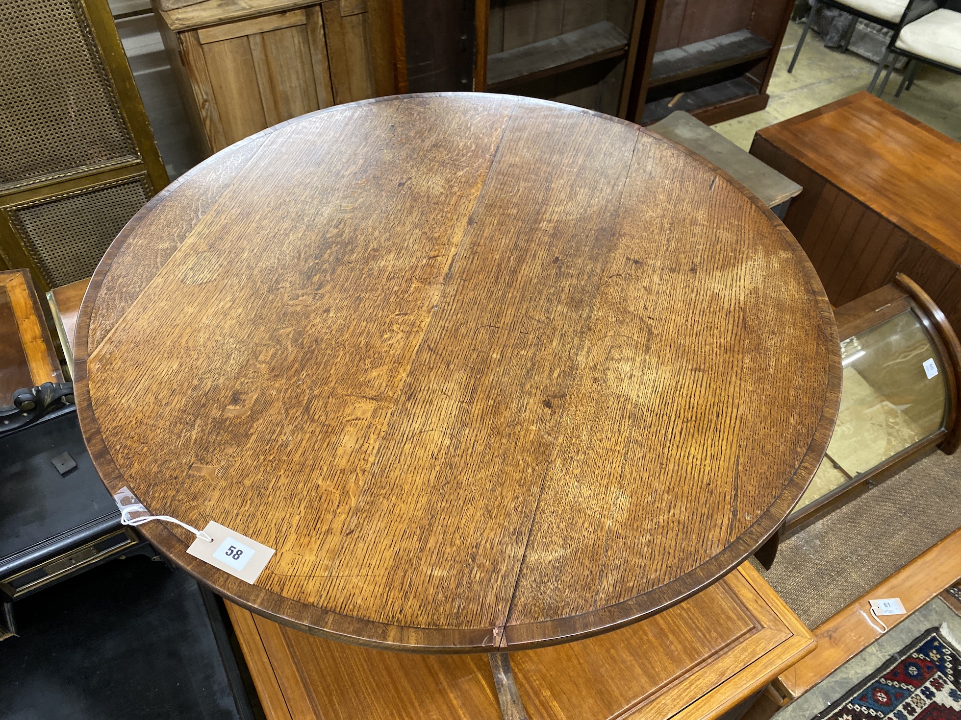 A George III mahogany banded circular oak tilt top tea table, diameter 89cm, height 71cm - Image 2 of 2