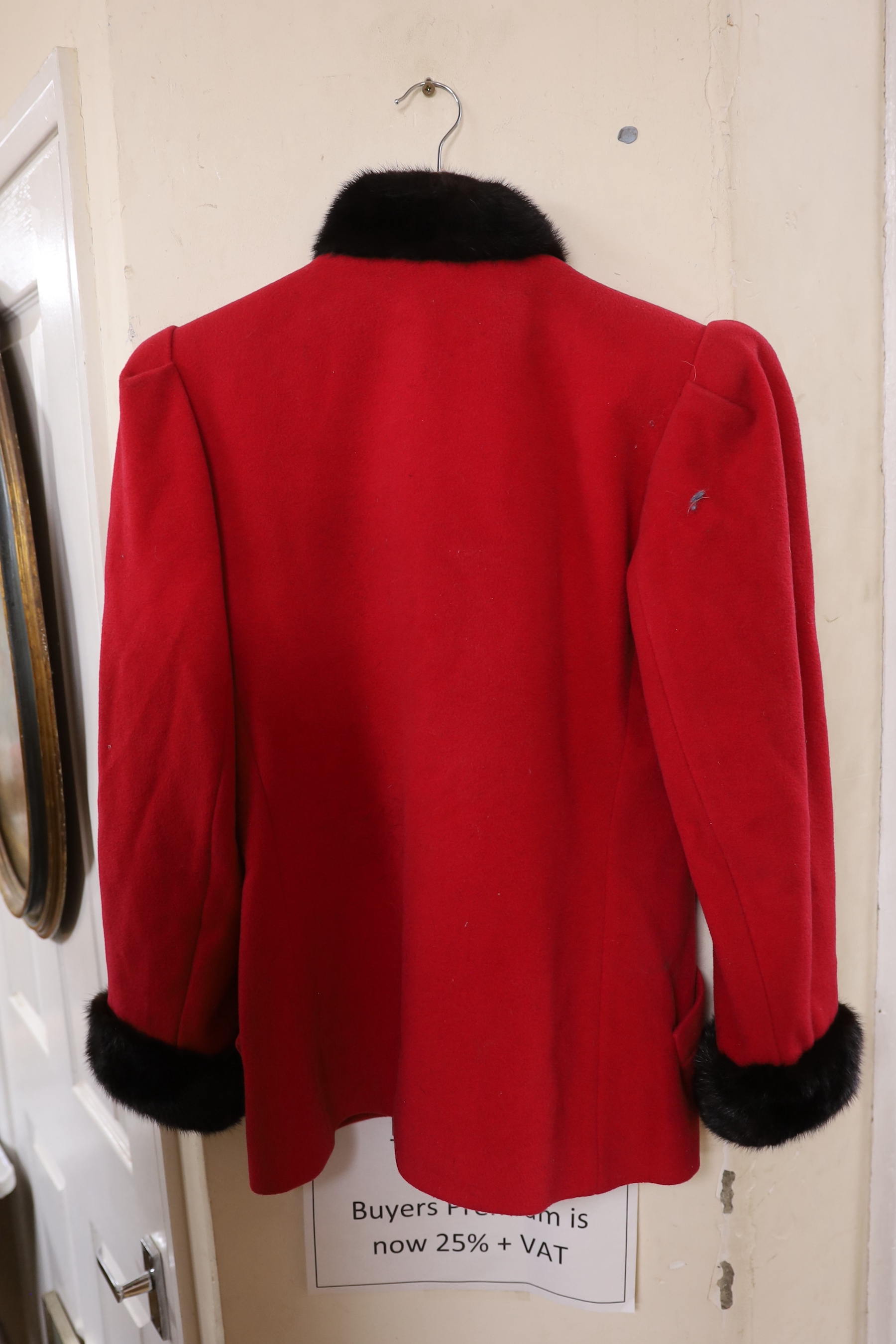 An Yves Saint Laurent ‘variation’, 1980's red wool jacket trimmed with black mink and leather toggle - Image 2 of 2