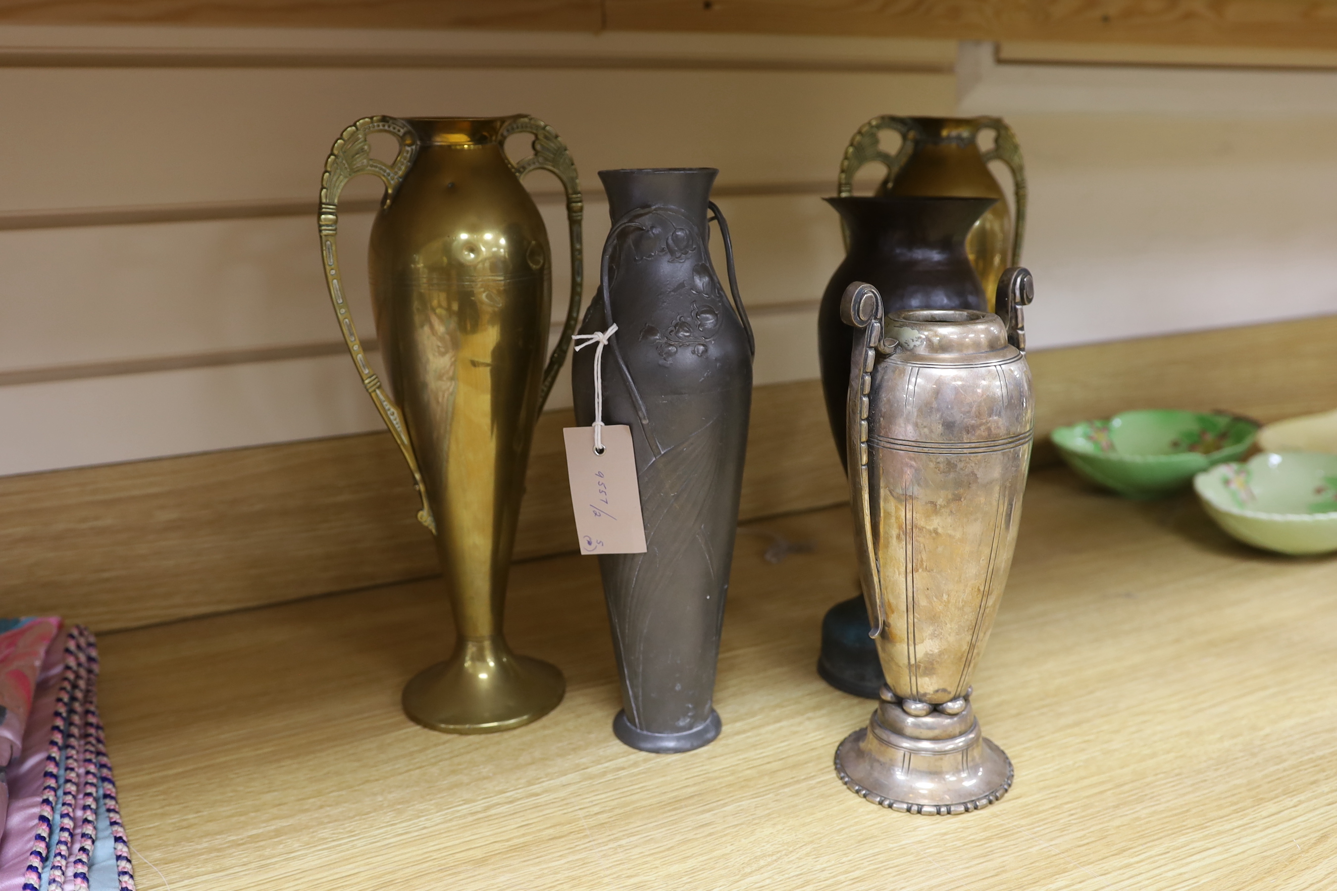 A Kayserzinn Art Nouveau pewter vase, a pair of brass vases, a plated vase and trench art vase - Image 2 of 3