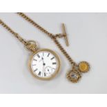 A Waltham gold plated open face pocket watch, with Roman dial and subsidiary seconds, on a 9ct