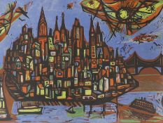 Irving Amen (American, 1918 - 2011), woodcut, 'Manhattan Island', signed and numbered 38/100,