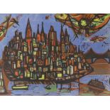 Irving Amen (American, 1918 - 2011), woodcut, 'Manhattan Island', signed and numbered 38/100,