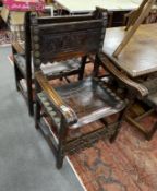 A pair of carved and tooled leather continental elbow chairs, width 68cm, depth 60cm, height 113cm