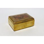 A burr oak topped brasswork cigarette box, 14cm wide, 10cm deep
