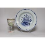 An unusual Japanese porcelain goblet and an 18th century Chinese export blue and white plate