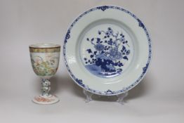 An unusual Japanese porcelain goblet and an 18th century Chinese export blue and white plate