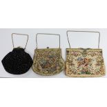Two mid 20th century petit point evening bags and a beaded black velvet evening bag