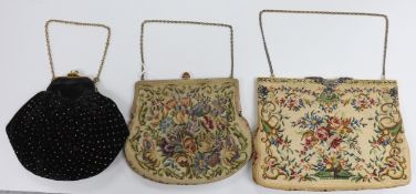 Two mid 20th century petit point evening bags and a beaded black velvet evening bag