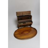 A novelty miniature mahogany upright piano and an inlaid mahogany tray, 39cm long