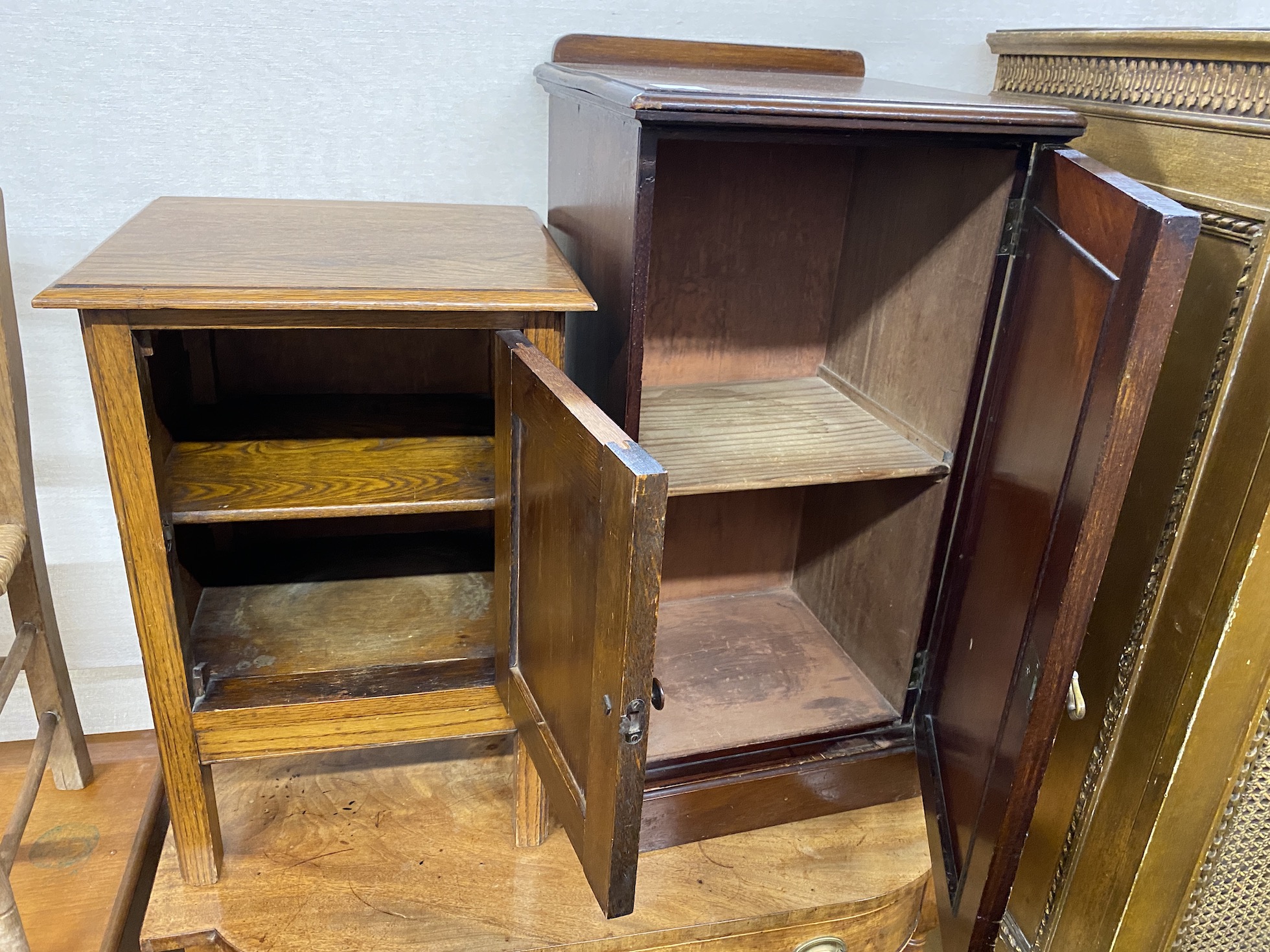A late Victorian mahogany bedside cabinet, height 78cm, a later oak cabinet and a rush seat child' - Image 3 of 3