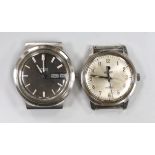 A gentleman's stainless steel Omega quartz day date wrist watch, case diameter 38mm, no strap,