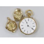 An early 20th century 18k open face fob watch, gross 32.3 grams and two lady's 9ct gold wrist