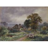Henry Charles Fox (1860-1925), watercolour, Shepherd and flock on a country lane, signed and dated