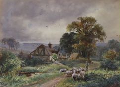 Henry Charles Fox (1860-1925), watercolour, Shepherd and flock on a country lane, signed and dated