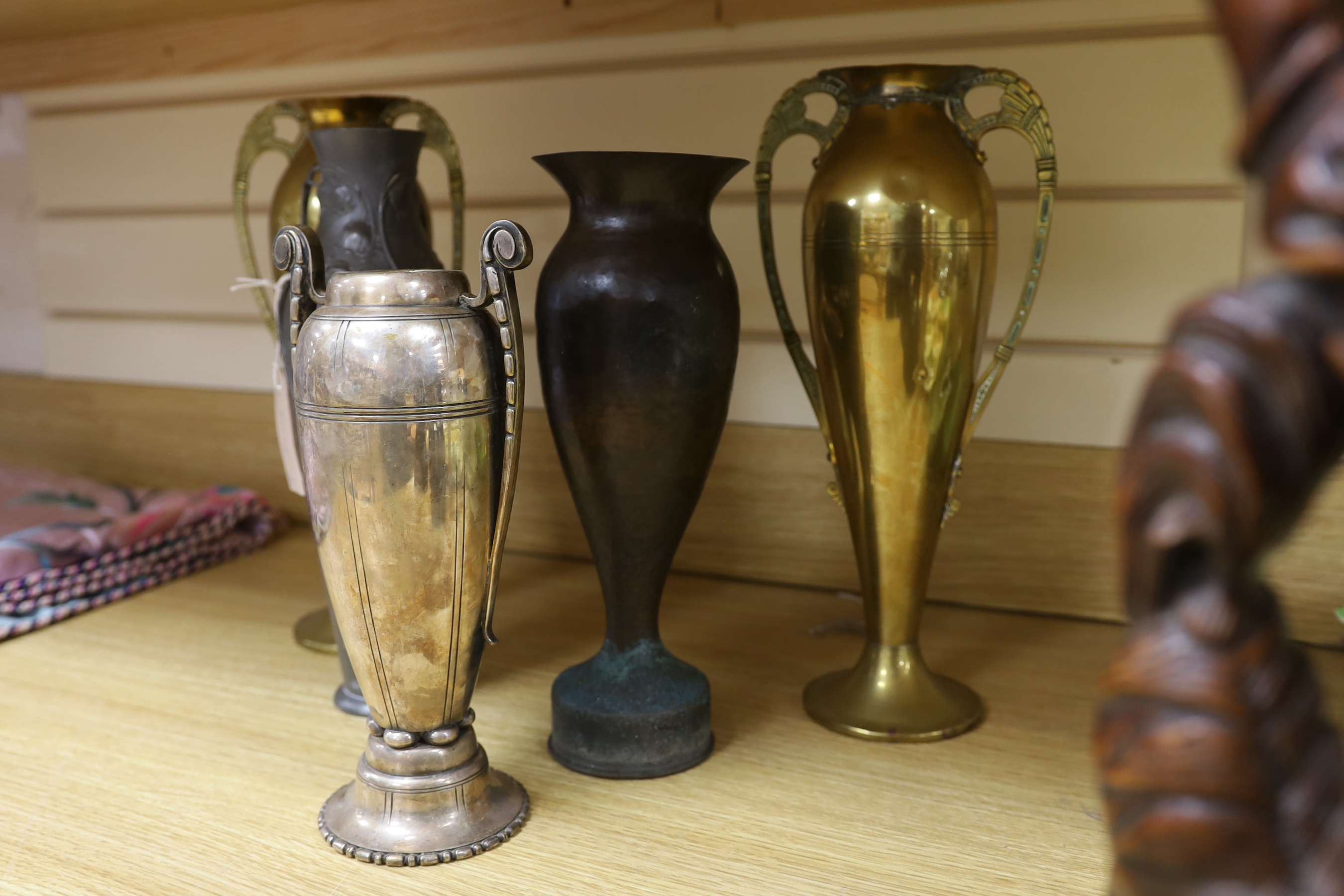A Kayserzinn Art Nouveau pewter vase, a pair of brass vases, a plated vase and trench art vase - Image 3 of 3