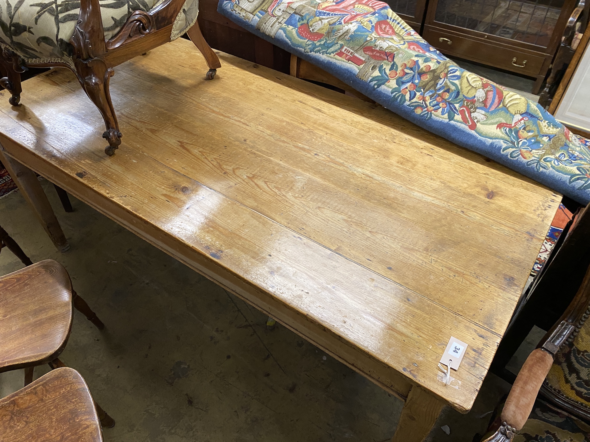A Victorian rectangular pine kitchen table, fitted drawer, length 182cm, width 87cm, height 74cm - Image 2 of 2
