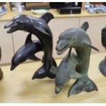 Two modern bronze dolphin groups, 46cm