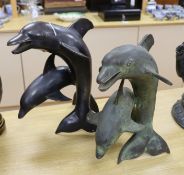 Two modern bronze dolphin groups, 46cm