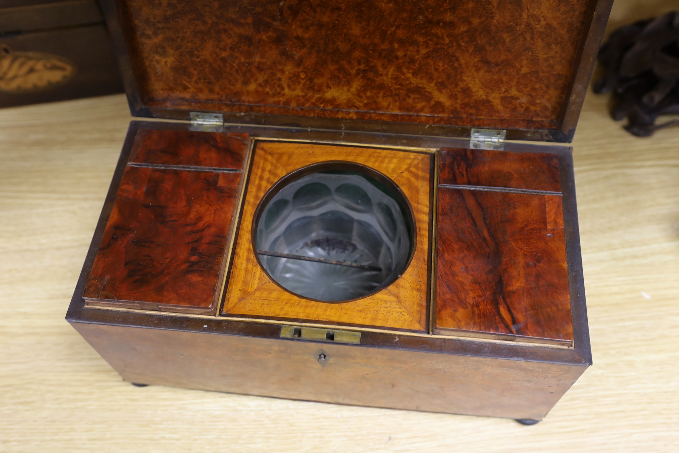 A George IV burr walnut tea caddy, 34cm and a George III harewood and marquetry tea caddy - Image 3 of 3