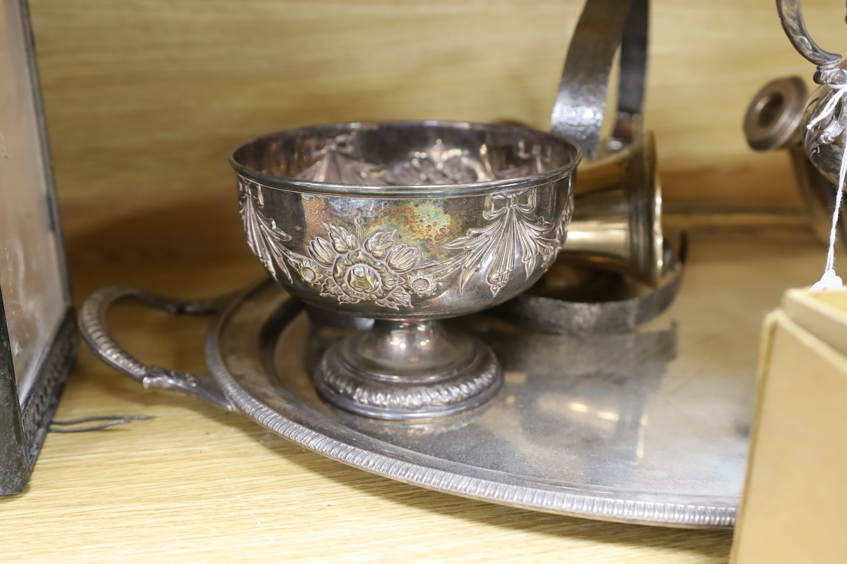 A plated tray, mixed silver and other squat candlesticks, photo frames etc - Image 3 of 5