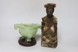 A Chinese bowenite jade censer, on stand and Chinese Qing carved and lacquered wood figure of a