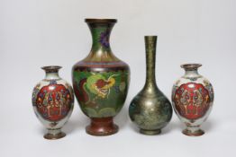 A pair of Japanese cloisonné enamel vases, a Chinese cloisonné enamel vase and a signed mottled