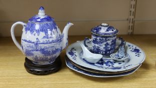 An 18th century Chinese blue and white twin handled cup and cover, three 18th century Chinese export