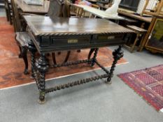 A 19th century Portuguese table, raised on turned twisted supports and stretchers, width 115cm,