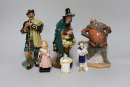 Five Royal Doulton figures and a Royal Worcester figural snuffer, tallest 21cm