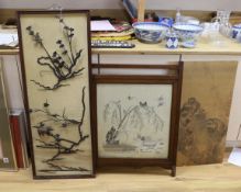 A Chinese ironwork panel, frame 108 cm high, 43 cm wide an embroidered silk panel and a Japanese